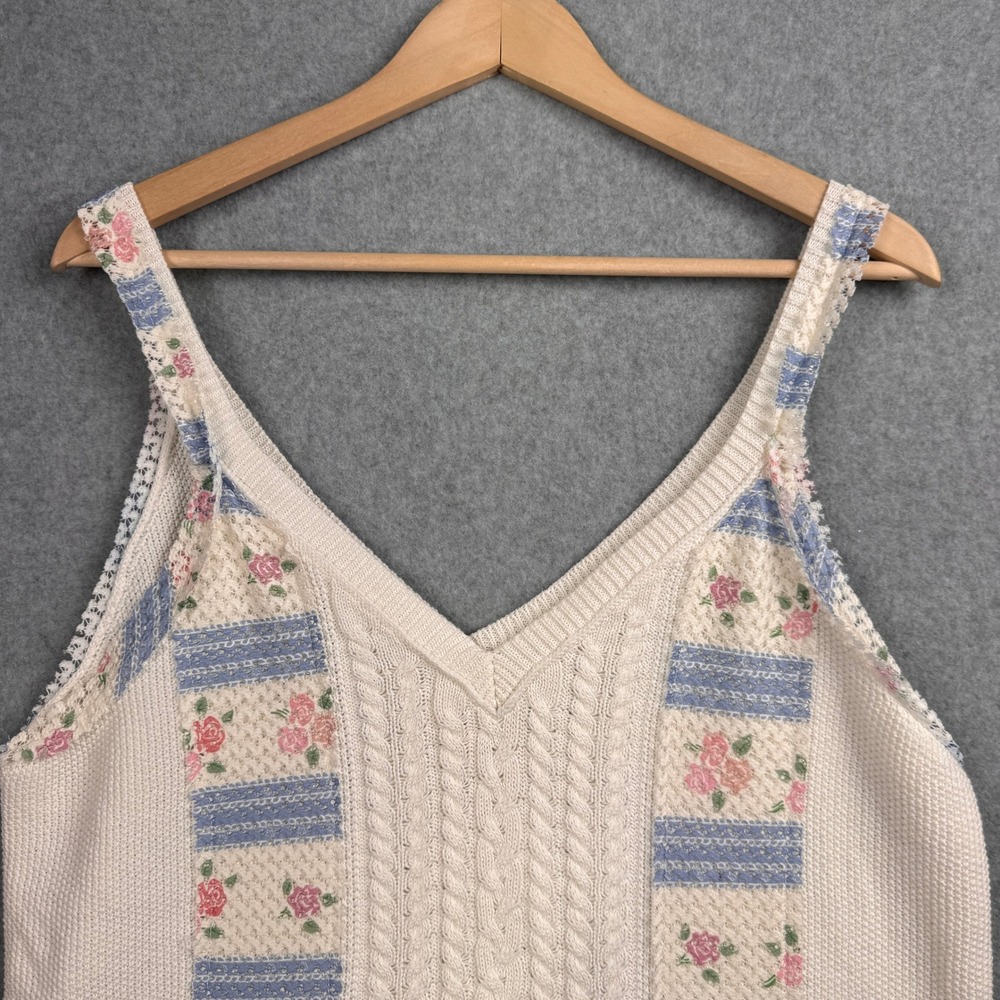 POL Sweater Tank Top Womens Large Cream Floral Cable Knit Lace Trim Cottagecore - Picture 4 of 8
